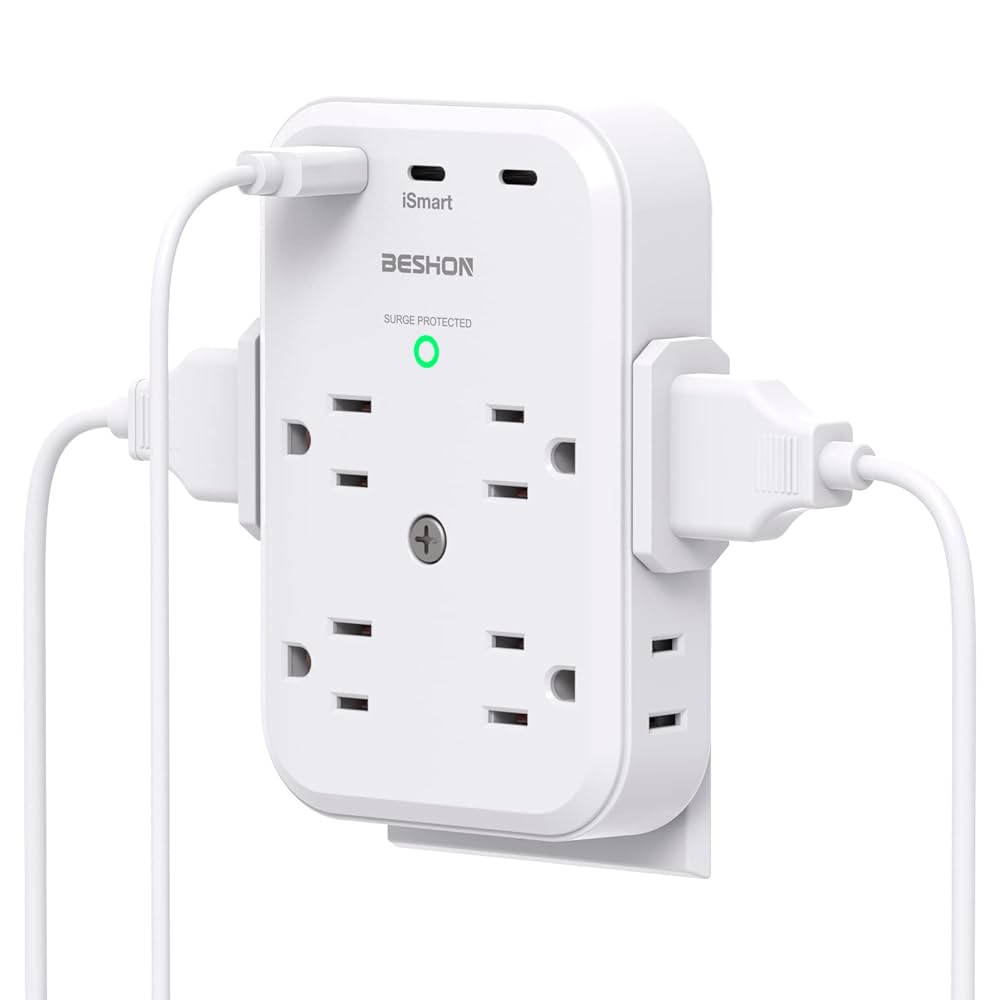 BESHON Regleta de alimentación 9 en 1 – 6 tomas AC + 3 USB (1 USB‑C)