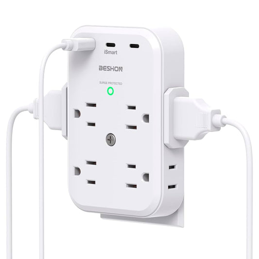 BESHON Regleta de alimentación 9 en 1 – 6 tomas AC + 3 USB (1 USB‑C)