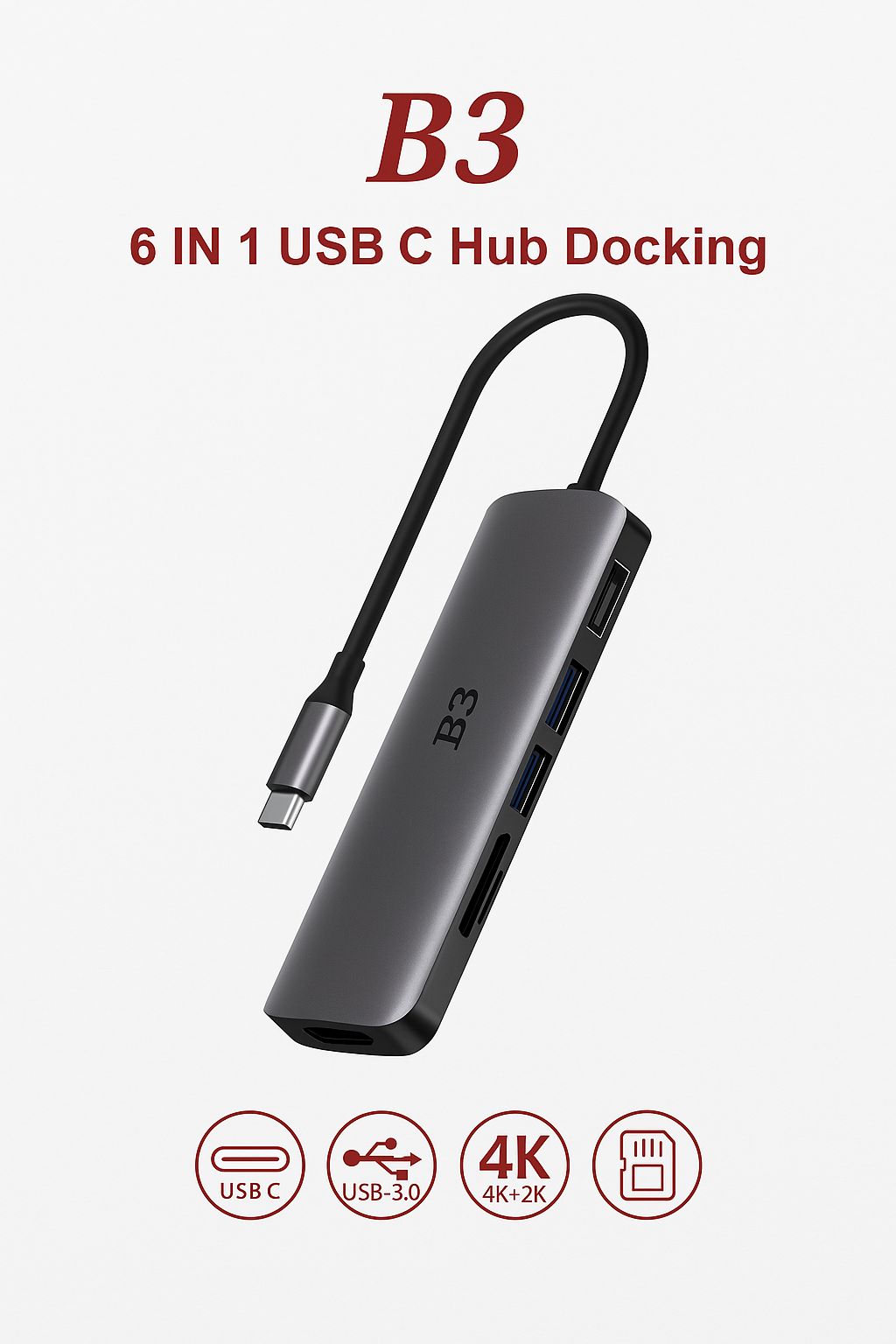 Adaptador Multipuerto USB-C B3 6 en 1 – Conectividad Versátil en un Diseño Compacto